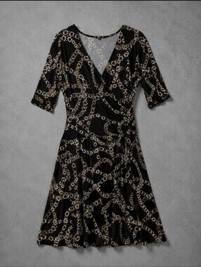 Daisy Fuentes Chain Print Faux Wrap Dress Size Medium Black Tan Stretch Midi